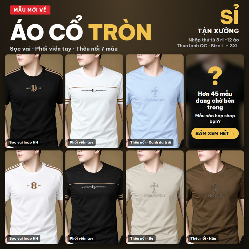 Áo cổ tròn nam giá sỉ – mẫu mới về tại xưởng Hoàng Hưng