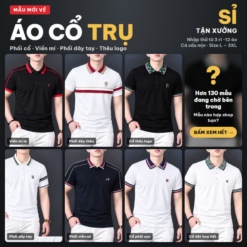 Áo polo cổ trụ nam giá sỉ – mẫu mới về tại xưởng Hoàng Hưng