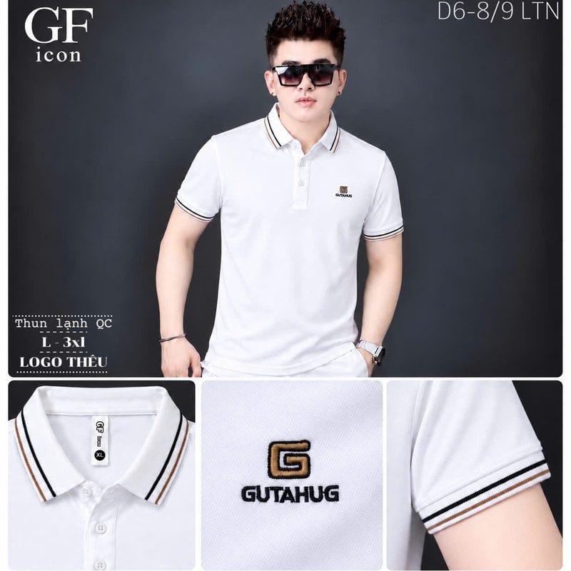 Áo polo logo thêu chữ G vuông ngực trái, bo cổ kẻ be – trắng sỉ tại xưởng Hoàng Hưng
