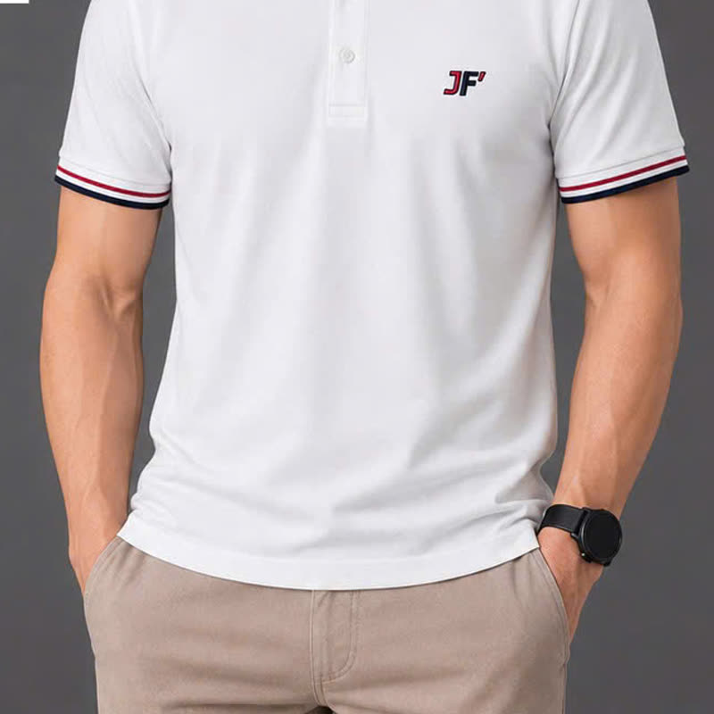 Áo polo thêu logo bo sọc – trắng sỉ tại xưởng Hoàng Hưng