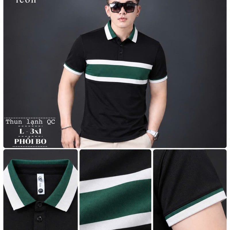 Áo polo phối bo ngực xanh lá – trắng – đen sỉ tại xưởng Hoàng Hưng