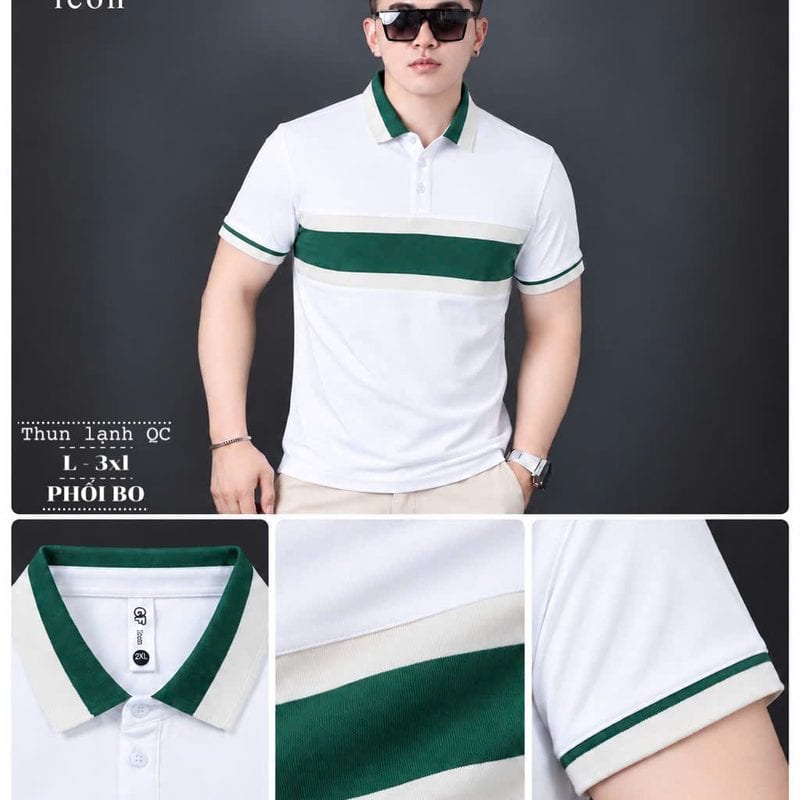 Áo polo phối bo ngực xanh lá – trắng – trắng sỉ tại xưởng Hoàng Hưng