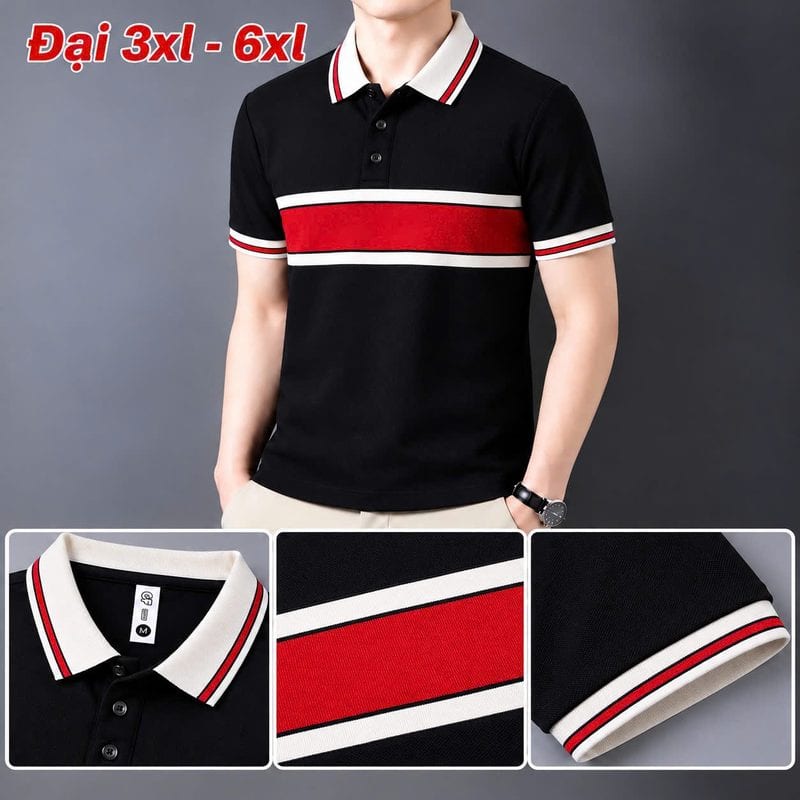 Áo polo size đại phối bản ngang ngực đỏ viền kem – đen sỉ tại xưởng Hoàng Hưng