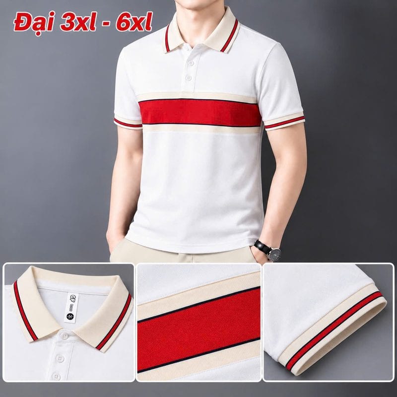 Áo polo size đại phối bản ngang ngực đỏ viền kem – trắng sỉ tại xưởng Hoàng Hưng