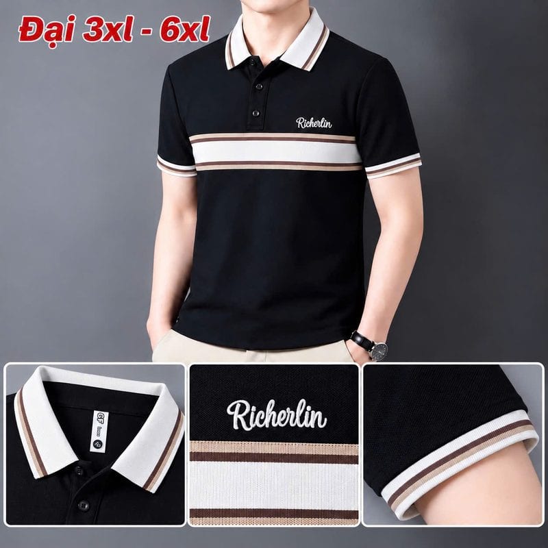 Áo polo size đại thêu chữ ký ngực, phối bản ngang trắng sọc nâu – đen sỉ tại xưởng Hoàng Hưng