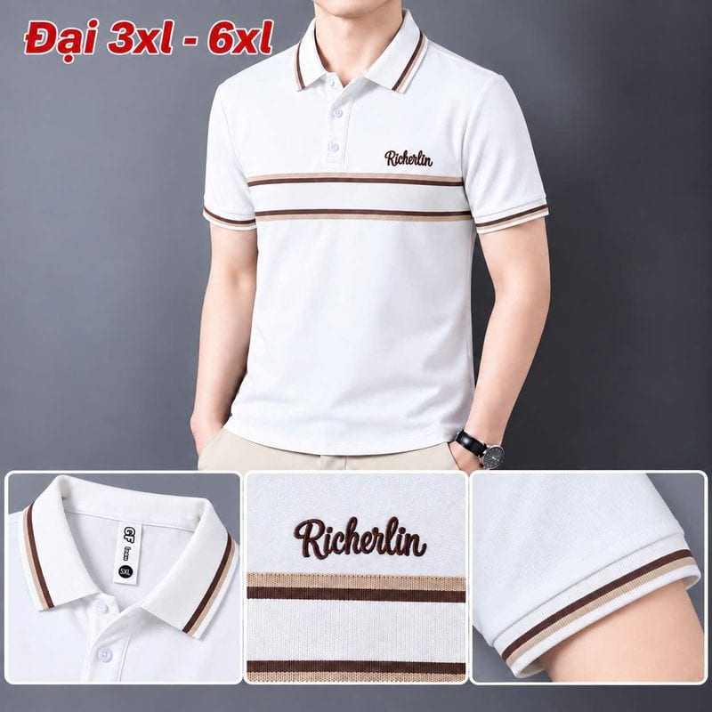 Áo polo size đại thêu chữ ký ngực, phối bản ngang trắng sọc nâu – trắng sỉ tại xưởng Hoàng Hưng