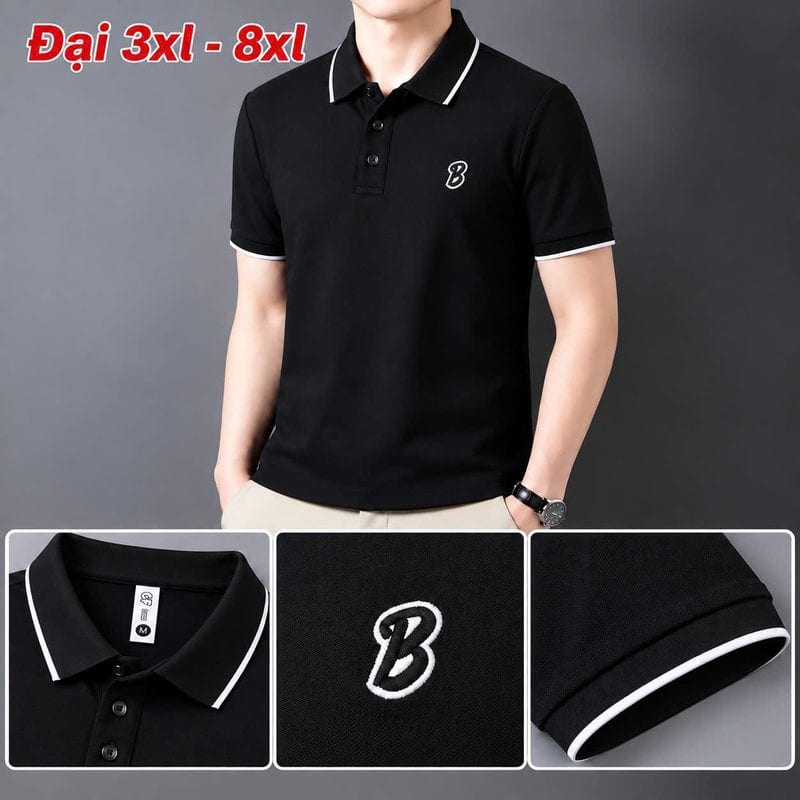 Áo polo size đại thêu logo chữ B nổi ngực trái – đen sỉ tại xưởng Hoàng Hưng