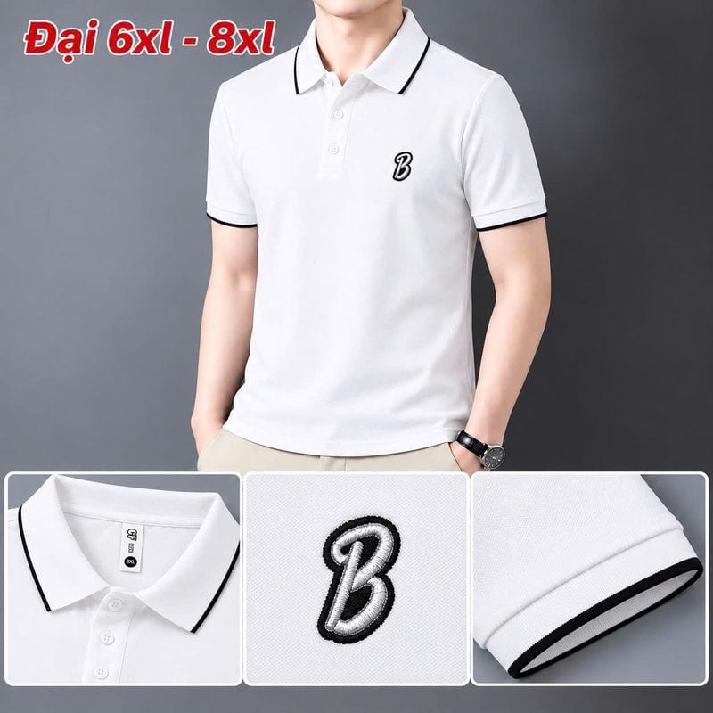 Áo polo size đại thêu logo chữ B nổi ngực trái – trắng sỉ tại xưởng Hoàng Hưng