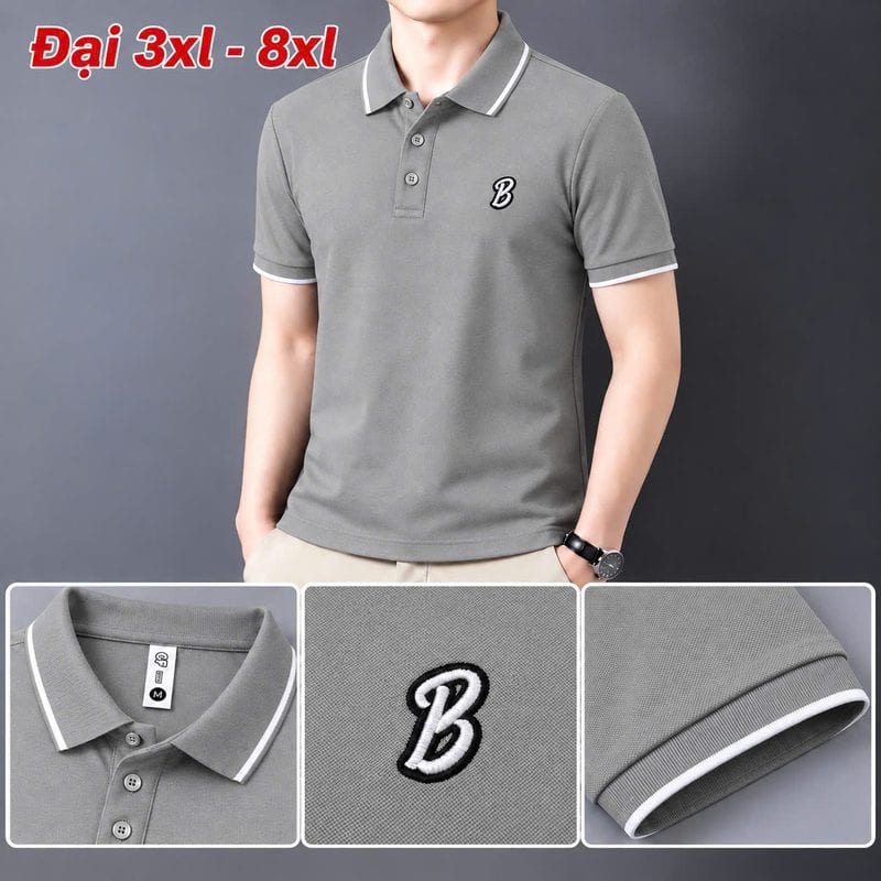 Áo polo size đại thêu logo chữ B nổi ngực trái – xám sỉ tại xưởng Hoàng Hưng