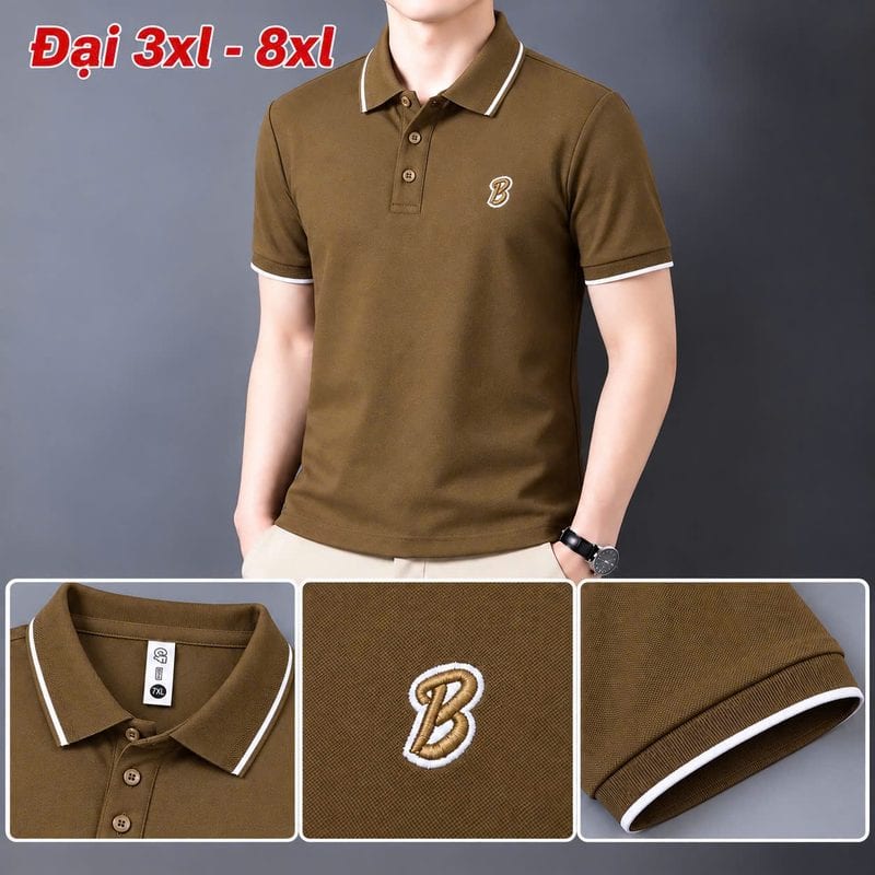 Áo polo size đại thêu logo chữ B nổi ngực trái – nâu sỉ tại xưởng Hoàng Hưng