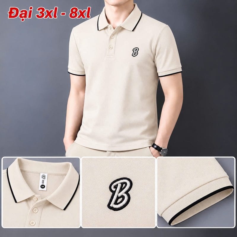 Áo polo size đại thêu logo chữ B nổi ngực trái – be sỉ tại xưởng Hoàng Hưng