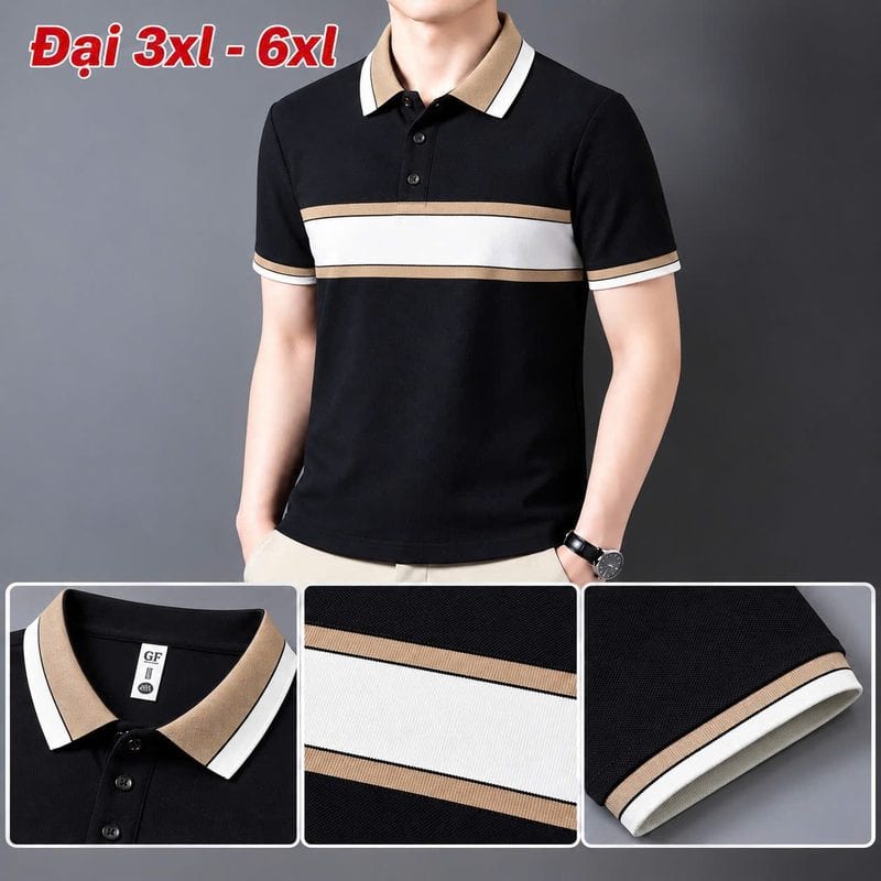 Áo polo size đại phối bản ngang ngực viền be – nâu – đen sỉ tại xưởng Hoàng Hưng
