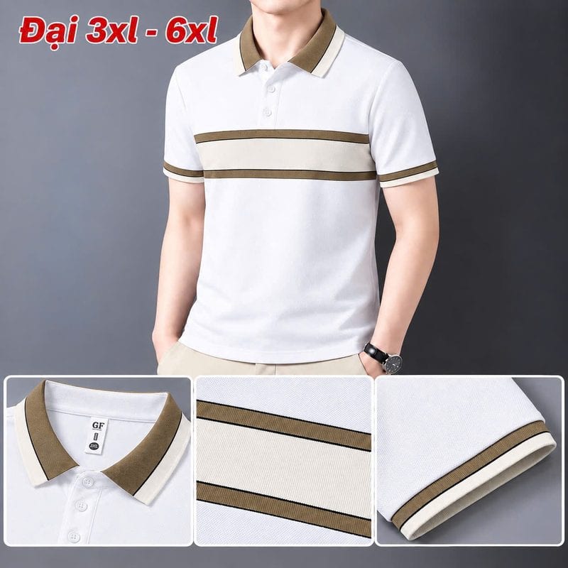 Áo polo size đại phối bản ngang ngực viền be – nâu – trắng sỉ tại xưởng Hoàng Hưng