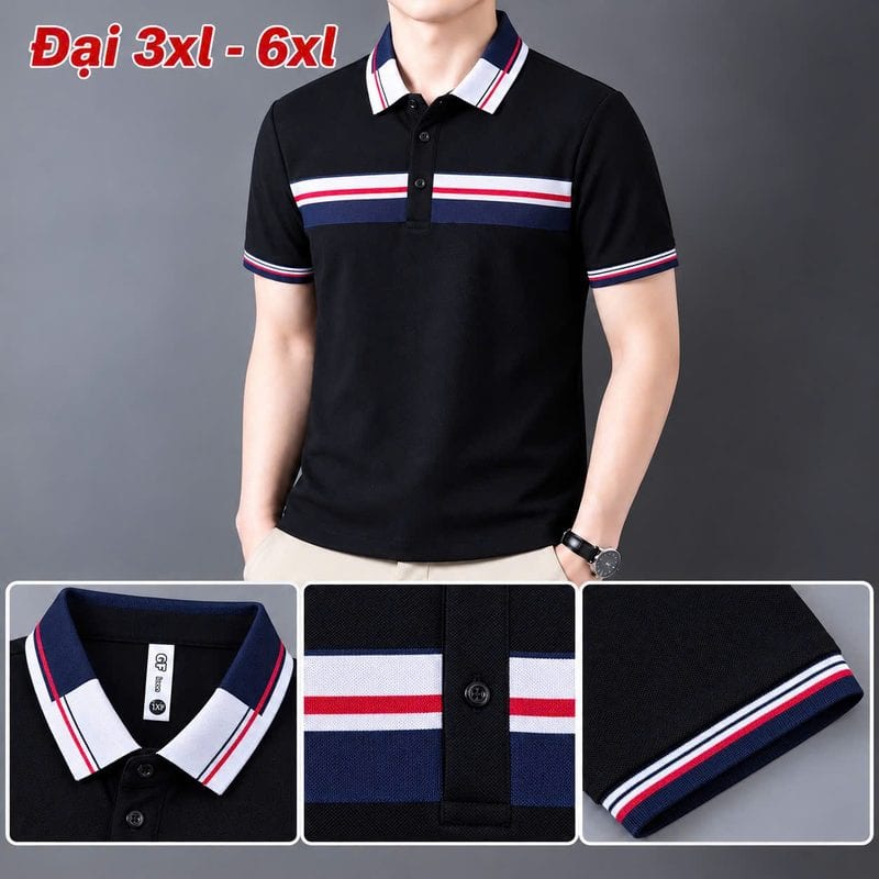 Áo polo size đại phối bản ngực sọc đỏ – xanh than – đen sỉ tại xưởng Hoàng Hưng
