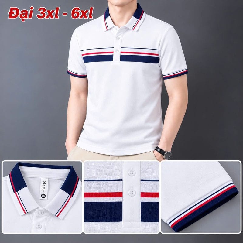 Áo polo size đại phối bản ngực sọc đỏ – xanh than – trắng sỉ tại xưởng Hoàng Hưng