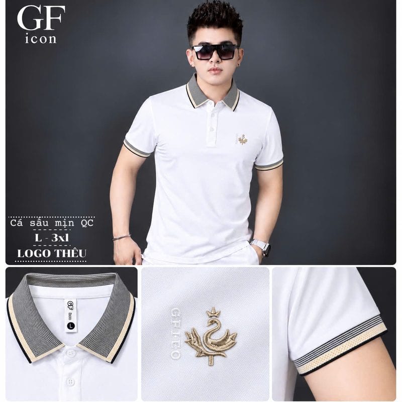 Áo polo thêu logo thiên nga ngực, bo tay kẻ be – trắng sỉ tại xưởng Hoàng Hưng