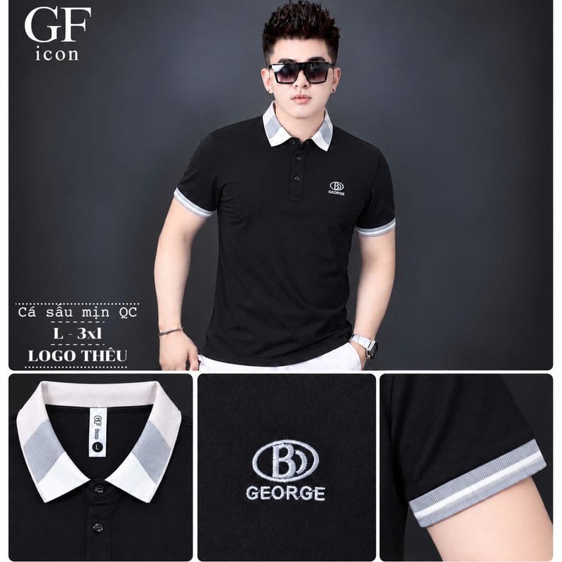 Áo polo thêu logo chữ B tròn ngực, cổ phối kẻ xám – đen sỉ tại xưởng Hoàng Hưng