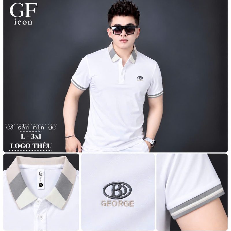Áo polo thêu logo chữ B tròn ngực, cổ phối kẻ xám – trắng sỉ tại xưởng Hoàng Hưng