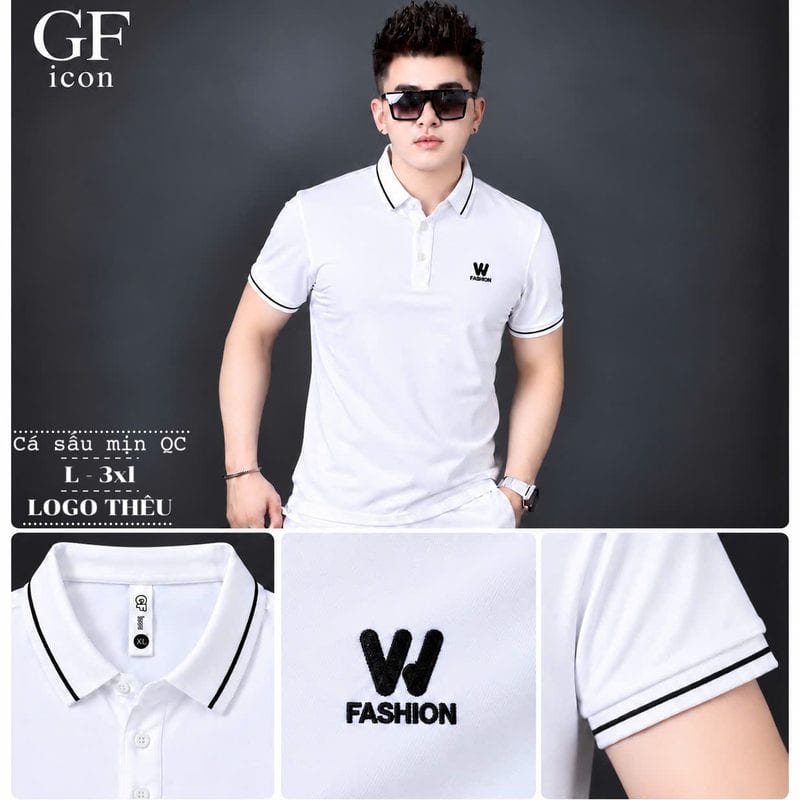 Áo polo thêu logo chữ W ngực, bo cổ viền kẻ – trắng sỉ tại xưởng Hoàng Hưng