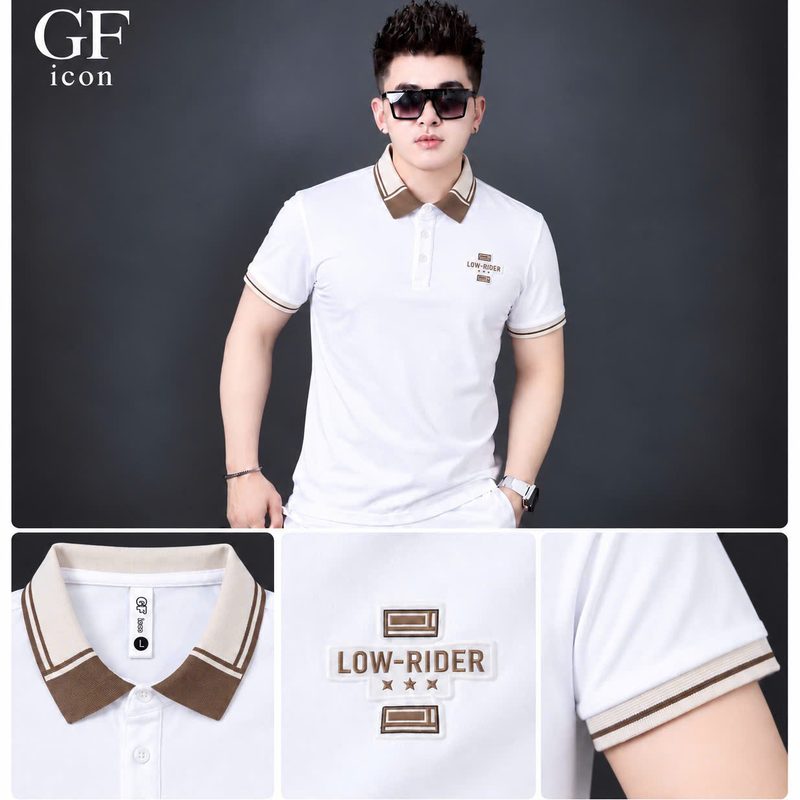 Áo polo cổ phối nâu be, in nổi màu chữ ngực – trắng sỉ tại xưởng Hoàng Hưng