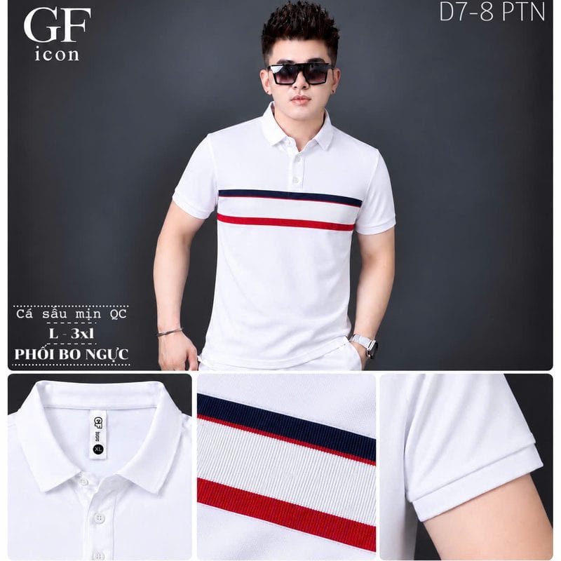 Áo polo phối bo ngang ngực đỏ – trắng – xanh than – trắng sỉ tại xưởng Hoàng Hưng