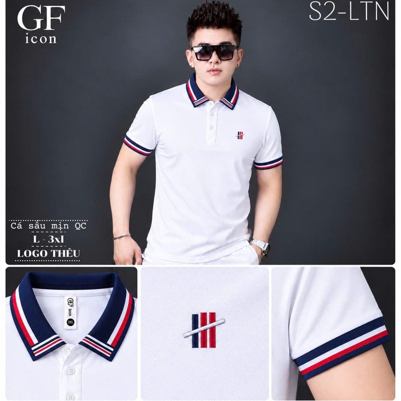Áo polo thêu logo nhỏ ngực trái, cổ sọc xanh than – đỏ – trắng sỉ tại xưởng Hoàng Hưng