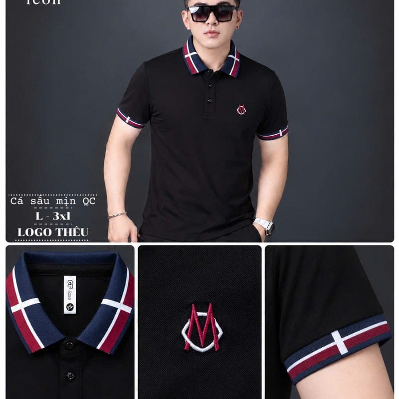 Áo polo thêu logo chữ M ngực, cổ kẻ đỏ – xanh than – đen sỉ tại xưởng Hoàng Hưng