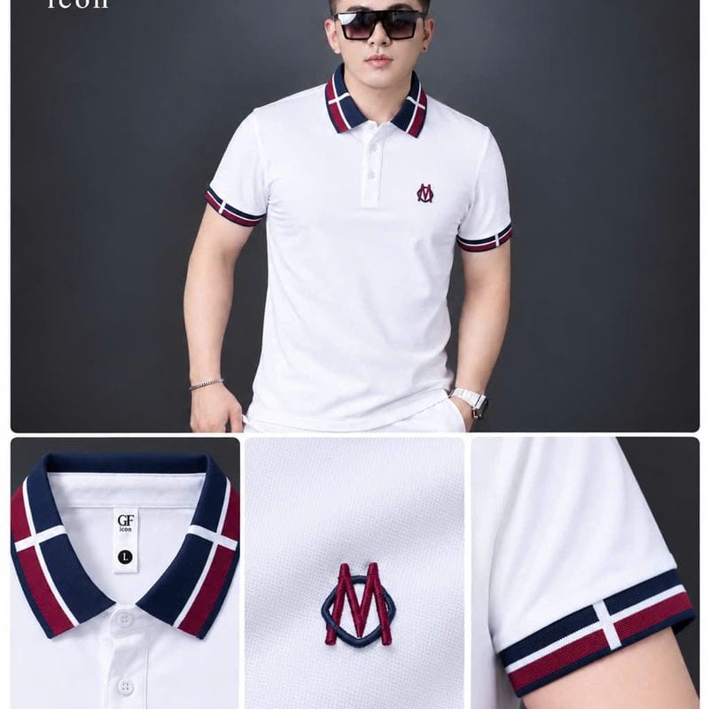 Áo polo thêu logo chữ M ngực, cổ kẻ đỏ – xanh than – trắng sỉ tại xưởng Hoàng Hưng