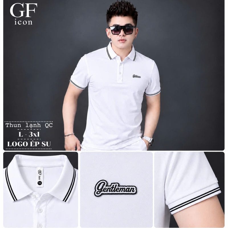 Áo polo logo chữ ép su ngực trái, bo cổ viền kẻ – trắng sỉ tại xưởng Hoàng Hưng