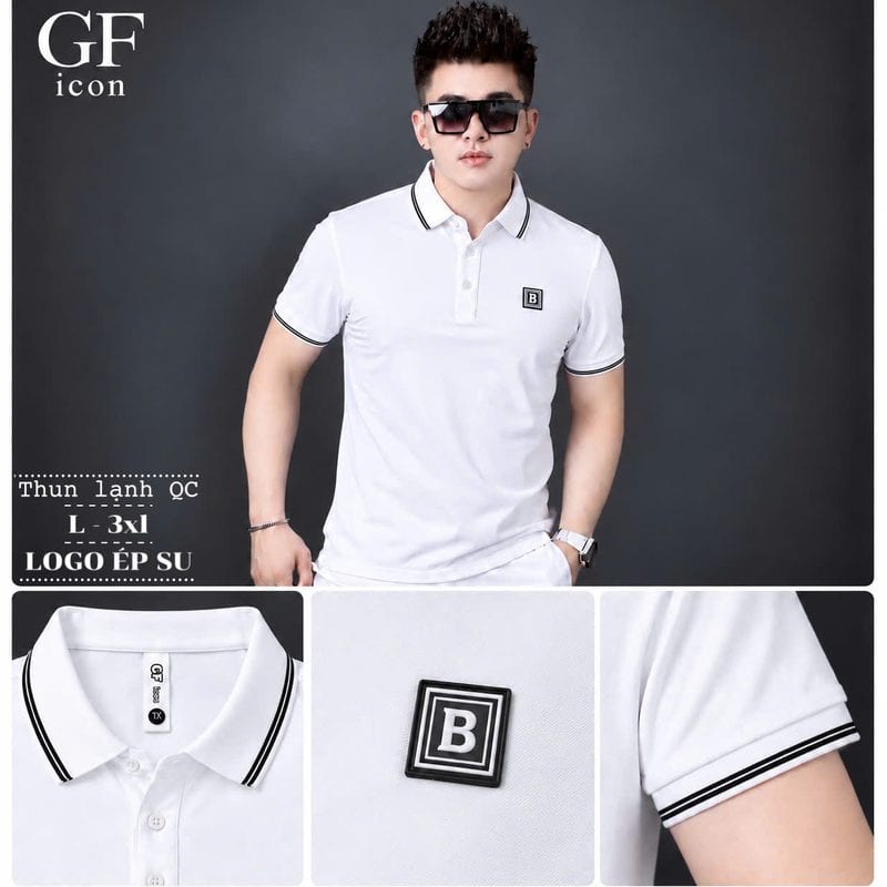 Áo polo logo chữ B khung vuông ép su ngực – trắng sỉ tại xưởng Hoàng Hưng