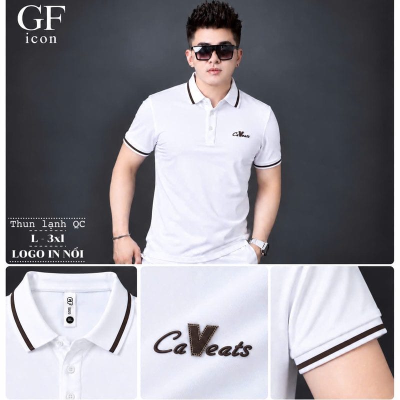 Áo polo in nổi chữ ngực trái, bo cổ viền kẻ – trắng sỉ tại xưởng Hoàng Hưng