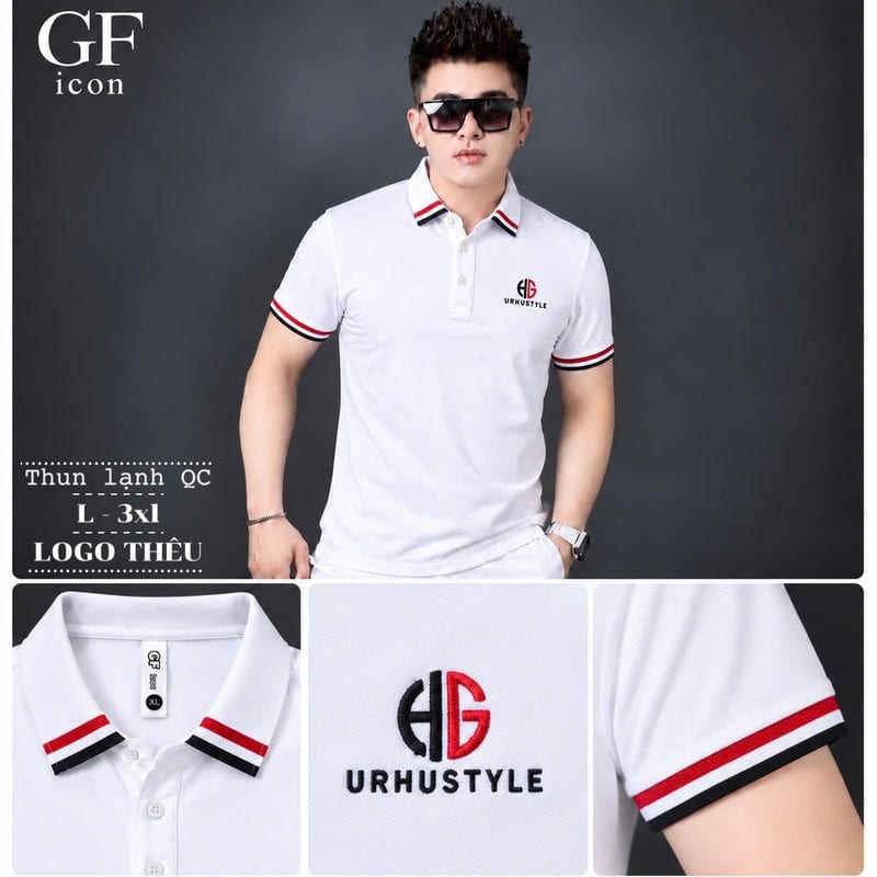 Áo polo thêu logo chữ HG ngực, bo cổ kẻ đỏ – trắng sỉ tại xưởng Hoàng Hưng