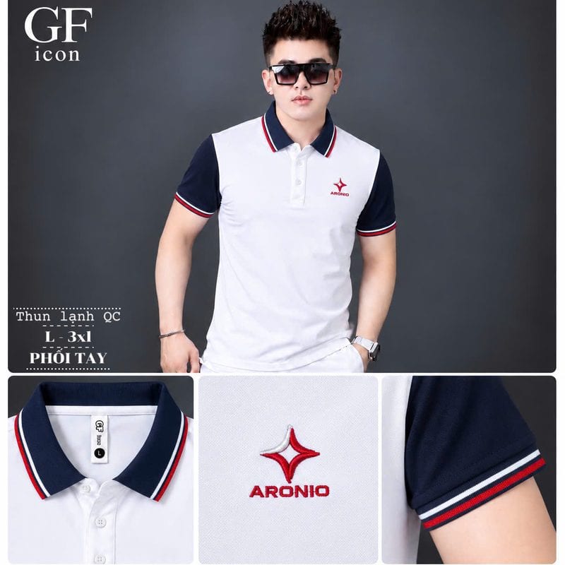 Áo polo phối tay màu tương phản, thêu logo ngôi sao – trắng sỉ tại xưởng Hoàng Hưng