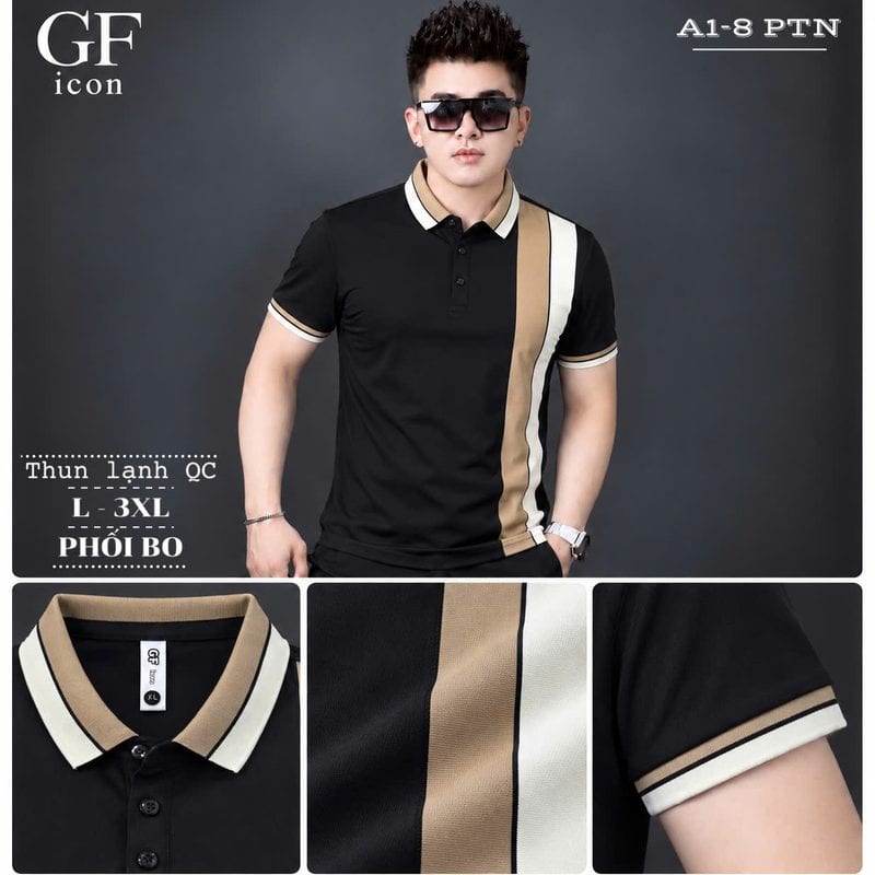 Áo polo phối bo dọc thân be – trắng – đen sỉ tại xưởng Hoàng Hưng