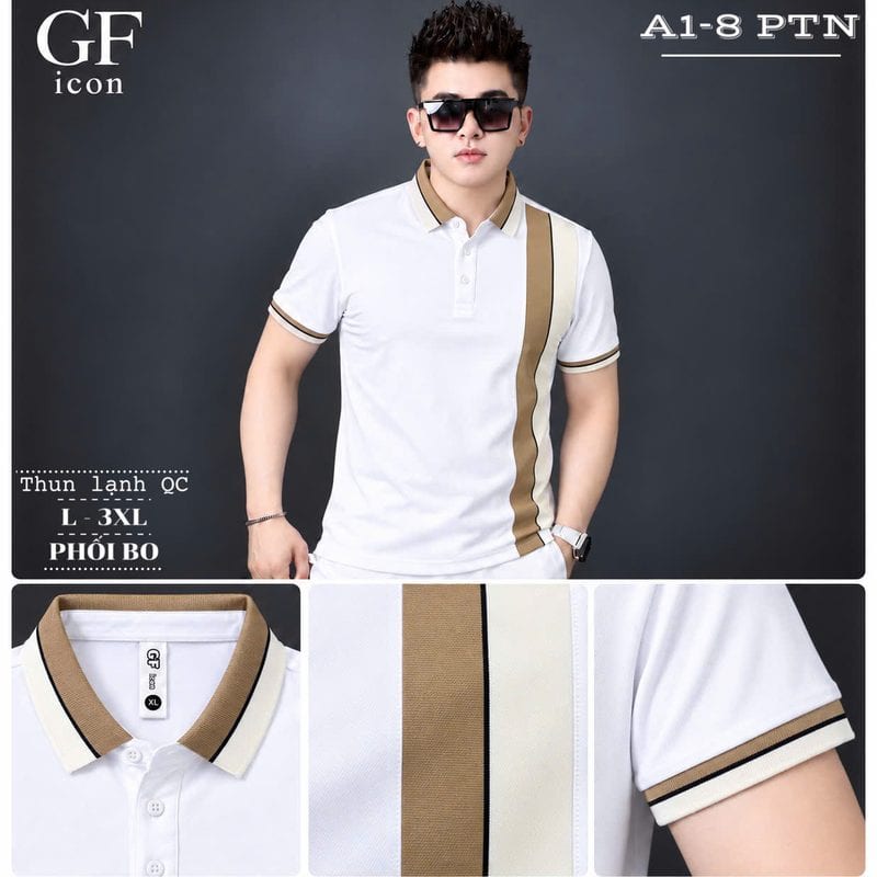 Áo polo phối bo dọc thân be – trắng – trắng sỉ tại xưởng Hoàng Hưng