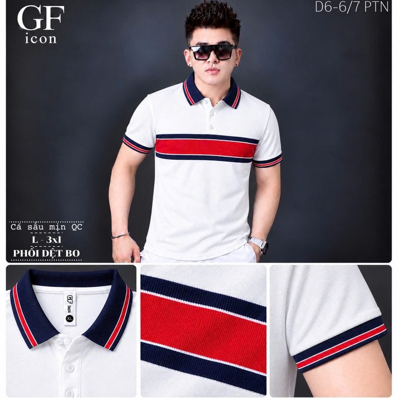 Áo polo phối dệt bo ngang ngực đỏ viền xanh than – trắng sỉ tại xưởng Hoàng Hưng