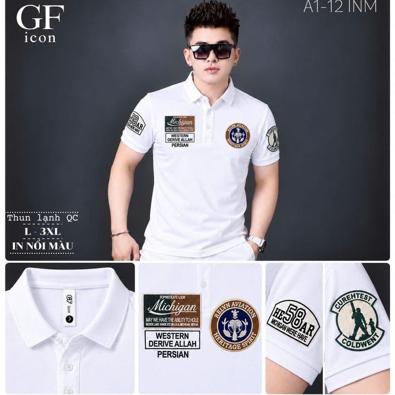 Áo polo in nổi màu nhiều miếng đắp ngực và tay – trắng sỉ tại xưởng Hoàng Hưng